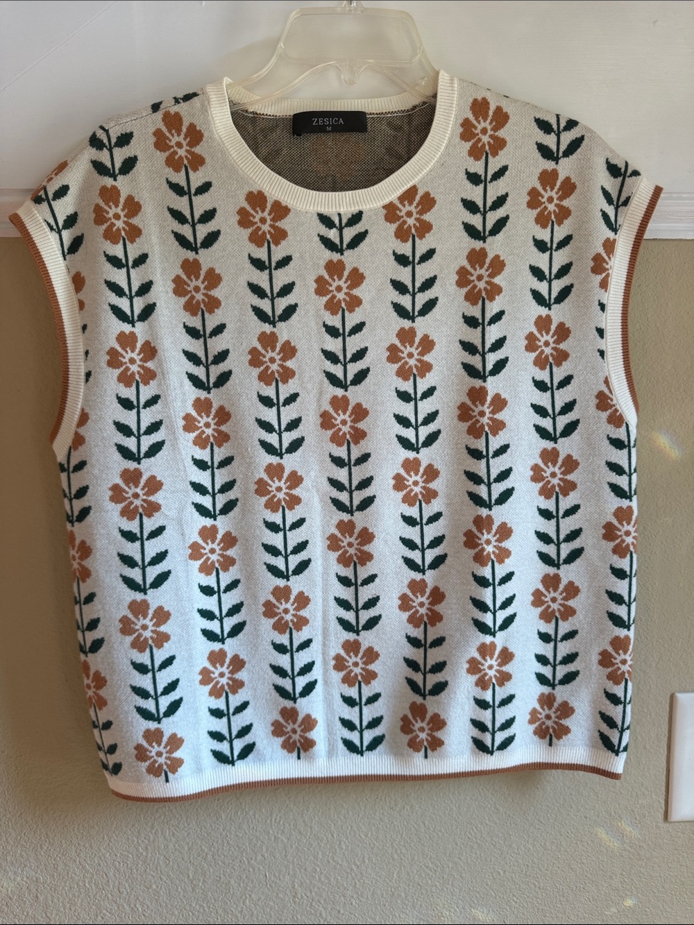 Zesica Cream Floral Knit Shell with Brown Flowers